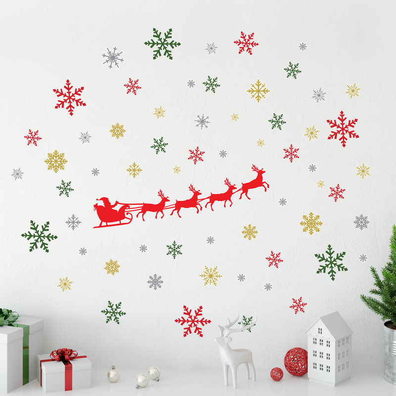Santa's Sleigh and Colorful Snowflakes Christmas Wall Sticker