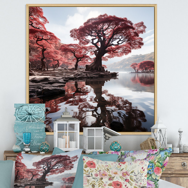 Rouge majestueux Bonsai I - art mural arbre, H 16 po x l 16 po x P 1 po, Cadre flottant brun