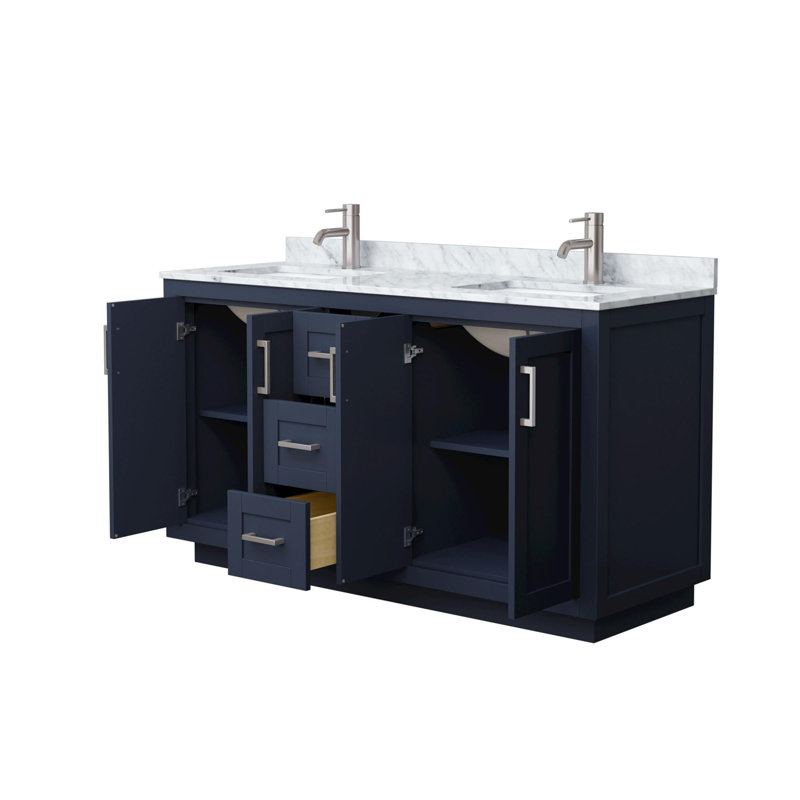 Ensemble de meuble-lavabo double 60 po avec plateau en marbre Miranda, Bleu foncé, Nickel brossé