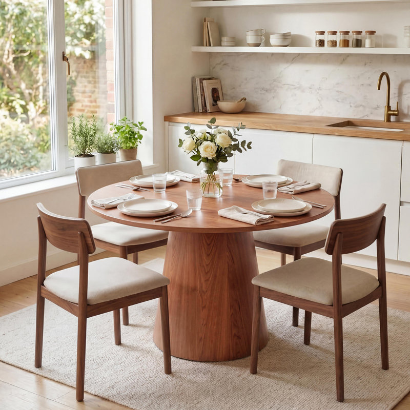 Table de salle à manger ronde pour 4 personnes - Table de salle à manger en bois moderne avec base à lattes en piédestal robuste, facile à assembler, parfaite pour les petits appartements, couleur noyer