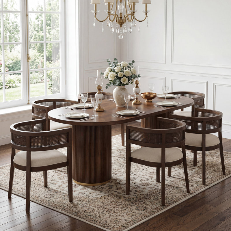 Ensemble de table de salle à manger 6 personnes Chassidi avec fauteuils rembourrés et base à double piédestal, Walnut