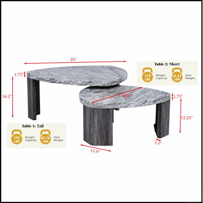Triangle Faux Marble Coffee Table Set of 2, Modern and Space-Saving Nesting Tables for Living Room