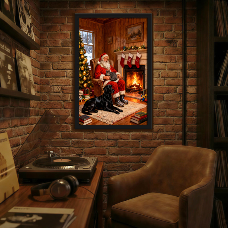 Père Noël de Noël avec un chat et un chien près de la cheminée, H 18 po x l 12 po
