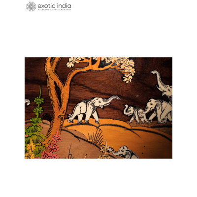 Panneau de bois 3D attrayant 33 "attrayant nombreux éléphants au bord du lac - bois de rose de couleur naturelle avec incrustation traditionnelle, art faunique fabriqué à la main