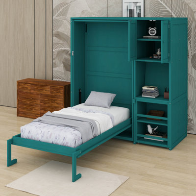 Twin Size Rotating Wall Murphy Beds With Bookshelf, Top Cabinet, Extendable Desk & Side Storage