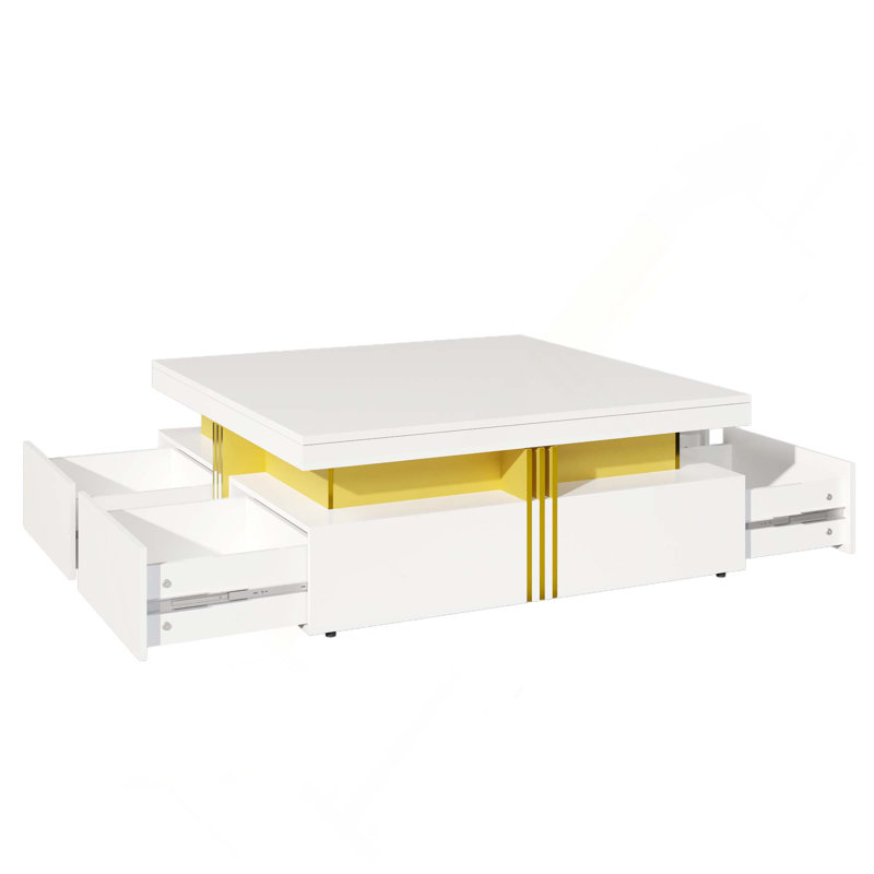 Table basse moderne carrée avec rangement et 4 tiroirs, Blanc brillant / blanc + or
