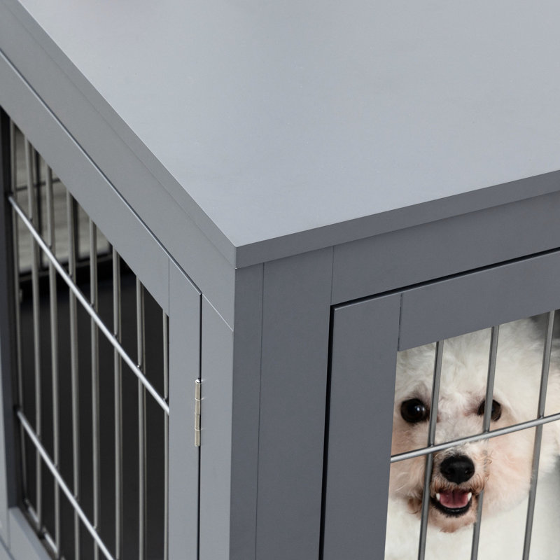 Cage pour chenil pour chien, cage intérieure en métal pour animal avec portes doubles, meubles gris pour chiens de taille moyenne et petite, table d'appoint moyenne