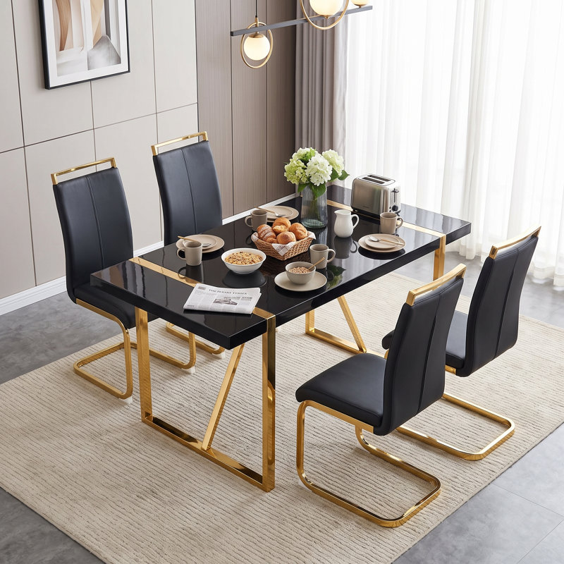 5-Piece Modern Rectangular High-Gloss Dining Set with Faux Leather Cantilever Chairs, Black/Gold, Black