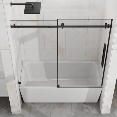 60" W X 58" H Modern Bathroom Bathtub Sliding Shower Door, 6Mm Thick Tempered Clear Glass, High - Quality Seal Strip, Reversible Installation, Matte Black Tub Glass With Easy Clean Coating, Corrosion