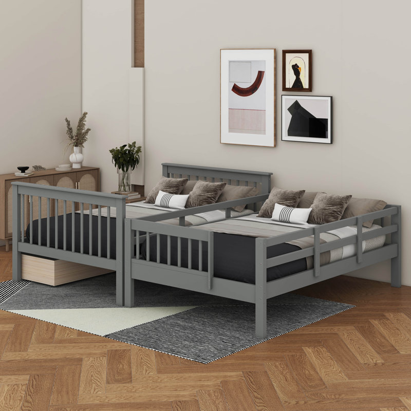 3 Drawers Wood Standard Bunk Bed, Gray, Full Over Full