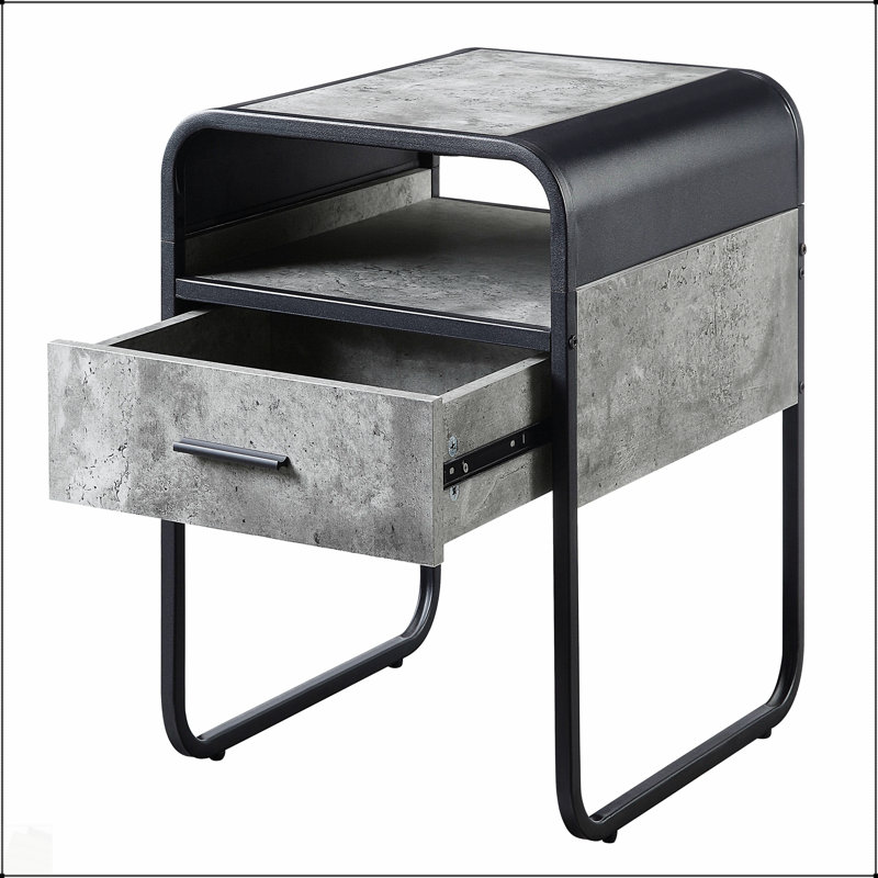 Table de bout à 1 tiroir en béton gris et noir avec rangement spacieux et tablette ouverte, pour des intérieurs modernes et industriels.