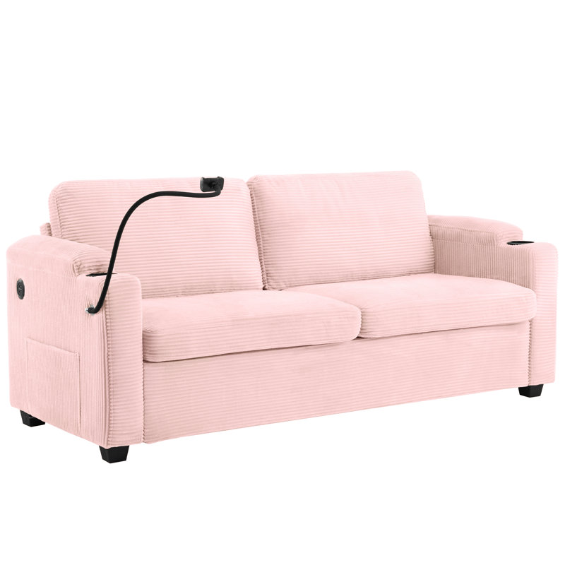 Causeuse-lit en velours côtelé de 72,8 po Xena avec matelas double, ports USB, porte-gobelets et poches latérales
