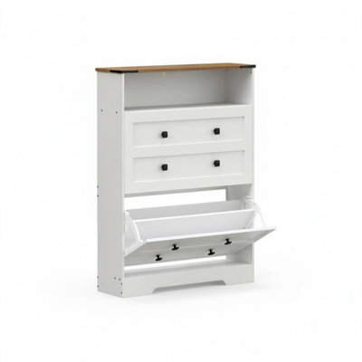 Meuble à chaussures étroit et moderne avec 2 tiroirs rabattables et une tablette ouverte, meuble de rangement à chaussures mince pour entrée et couloir.