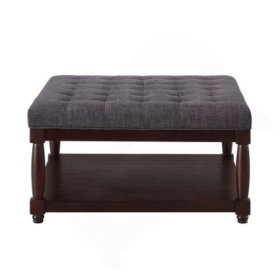 Large Square Upholstered Tufted Linen Ottoman Coffee Table, Large Footrest Ottoman with Solid Wood Shelf