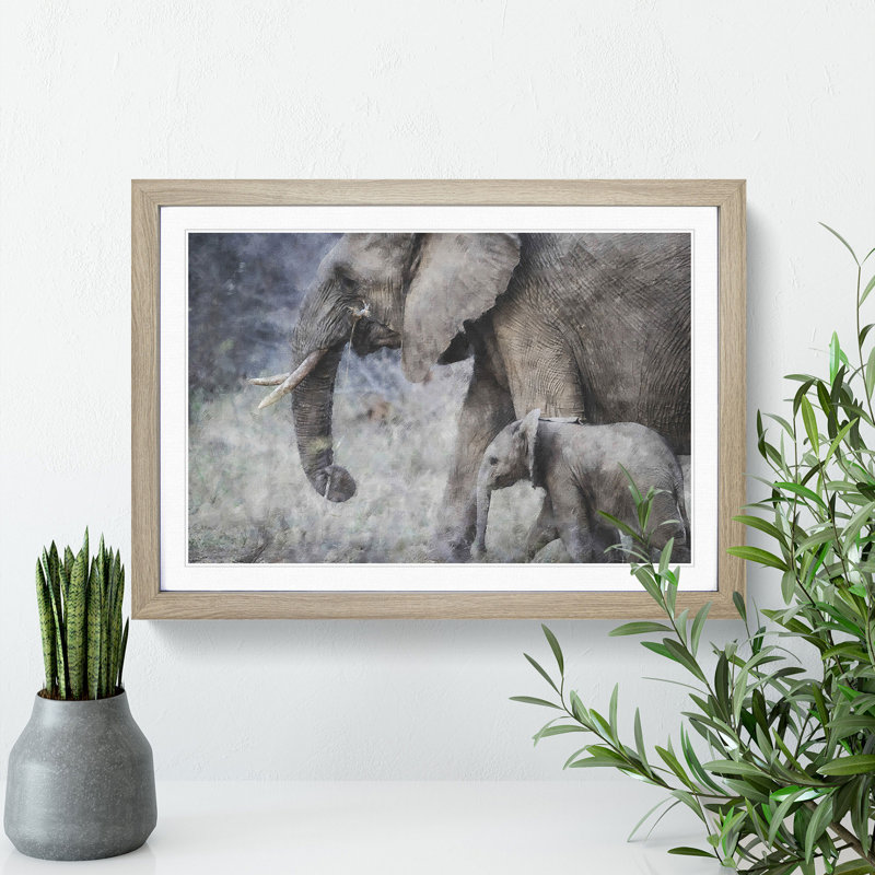 Mother and Baby Elephant Vol.1 - Picture Frame Painting, Oak Framed, 48cm H x 65cm W x 2cm D