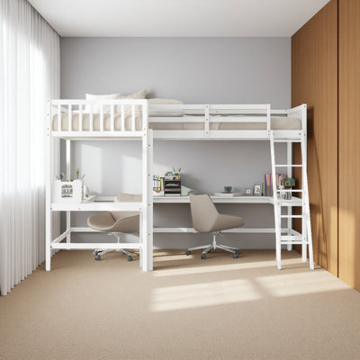 Lit mezzanine simple en bois en forme de L avec échelle et 2 bureaux intégrés en forme de L
