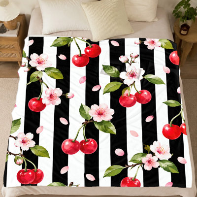Couverture en flanelle à rayures et fleurs de cerisier (1 pièce) – Imprimé floral éclatant ; douce et chaude pour la décoration intérieure ; lavable à la machine ; idéale pour le sofa, le lit et l'extérieur ; un beau cadeau pour toutes les occasions. Articles de literie et de sofa