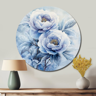 Pivoines bleues glacées dans le givre I - pivoines rondes, décoration murale traditionnelle en métal blanc