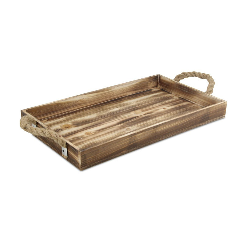 Plateau en bois brun avec poignées en corde
