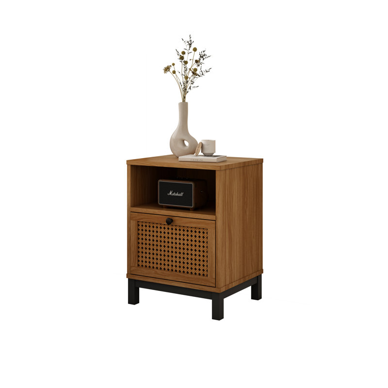 Modern Wood Nightstand With Rattan Door Storage