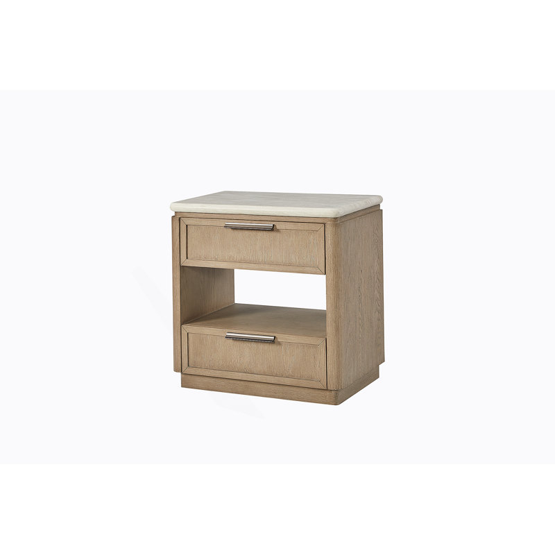 Table de chevet à deux tiroirs avec façades de tiroir en placage de chêne, offrant beaucoup de rangement et une commodité moderne pour votre chambre à coucher