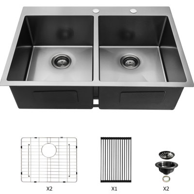 Évier double encastrable noir canon de fusil 33 po x 22 po, calibre 16, avec deux cuves de 10 po de profondeur, conception 50/50 pour un nettoyage efficace de la cuisine, fabrication artisanale, bonde arrière de 3,5 po, rainures en X pour un drainage facile, isolation phonique de 3 mm