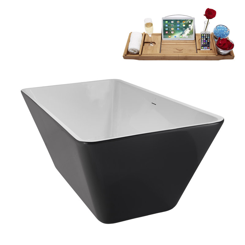 63" Streamline Soaking Freestanding Tub and Tray With Internal Drain, Matte Black