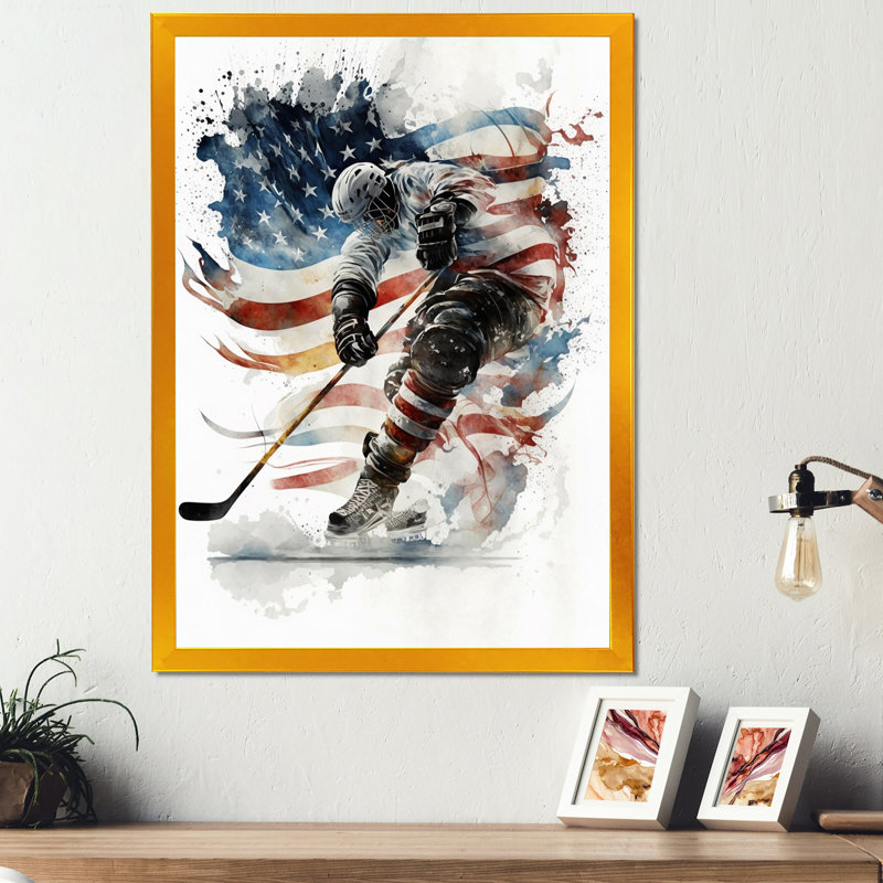 Joueur de hockey sur la patinoire pendant le match I, H 20 po x l 12 po x P 1 po, Encadrement doré