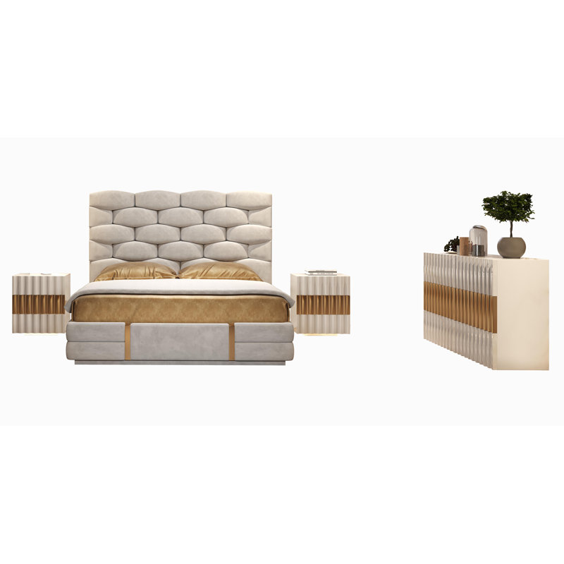 Andlau Orion Bedroom Ob26, Queen, 4 Pcs: Bed,2 Nightstands,Dresser