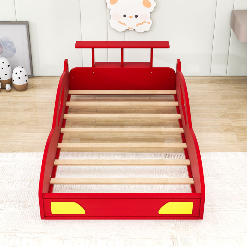Wooden Twin Platform Bed With Safety Rails, Built-In Storage, Car-Shaped Design, Red/Yellow