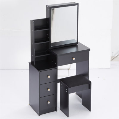 Petite coiffeuse 29,2 po avec tabouret de chevet gauche + tabouret rembourré, très grand miroir coulissant à droite, rangement multi-couches grande capacité, commode pratique et pratique, convient aux petits espaces