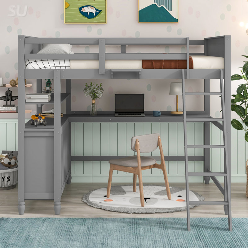 Lit mezzanine double avec tiroirs et bureau, lit mezzanine en bois avec tablettes, Gris