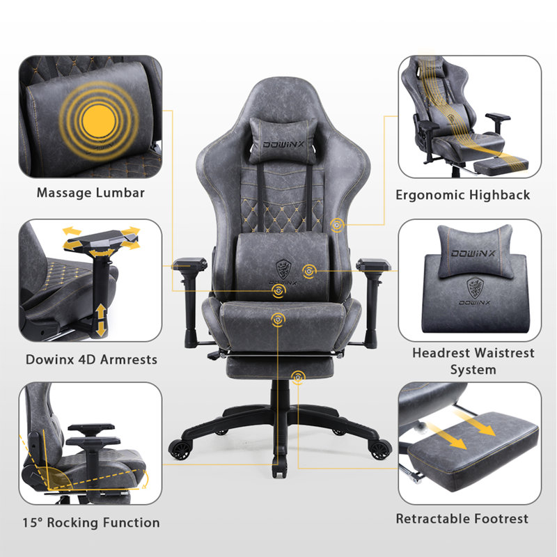 Gray PU Leather Ergonomic Gaming Chair with 4D Armrests and Footrest