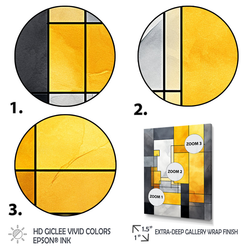 Fusion géométrique jaune et gris 3, Cadre simple noir, H 44 po x l 34 po x P 1,5 po