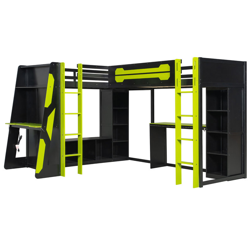 Lit mezzanine simple en L en bois, Vert