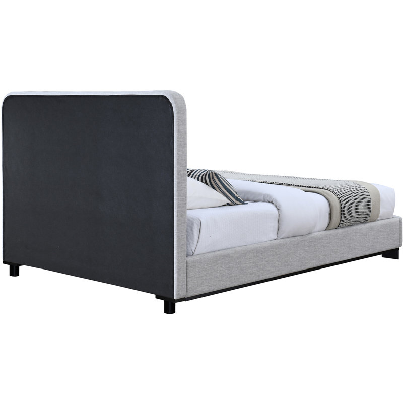 Lit plateforme tapissier en bois massif Nolita Tilman, Grand, Tissu texture lin gris / teint noir