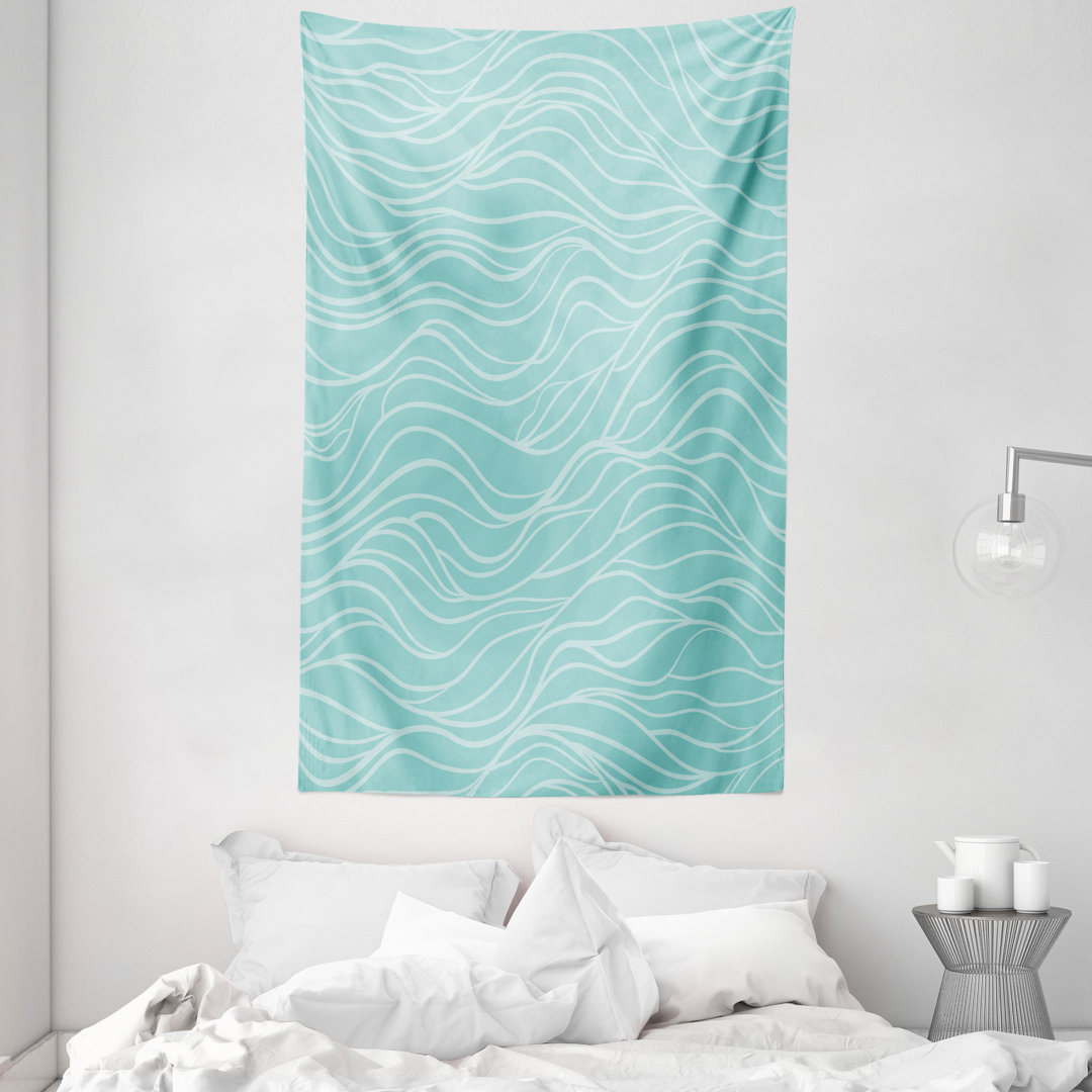 Wandteppich, Simple Aquatic Doodle Waves, Seafoam Pale Blue