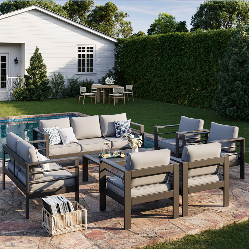 9 - Person Complete Patio Set With Cushions, Light Gray, White