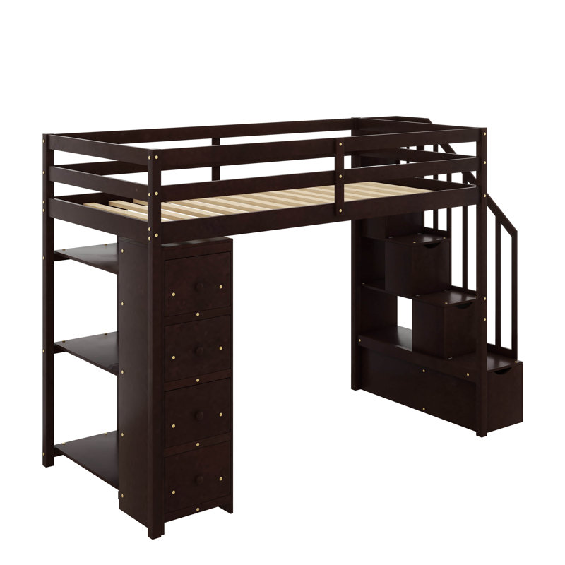 Lit mezzanine simple avec tiroirs de rangement et escaliers Hazeghi, Espresso
