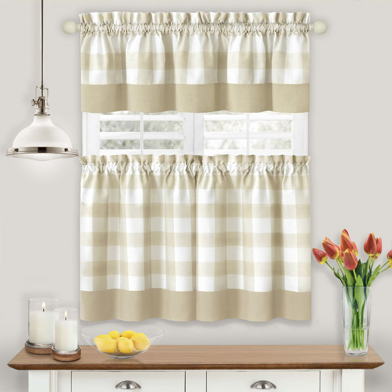 Anthe Gingham Tailored Kitchen Curtain, Tan, 24" H x 57" W