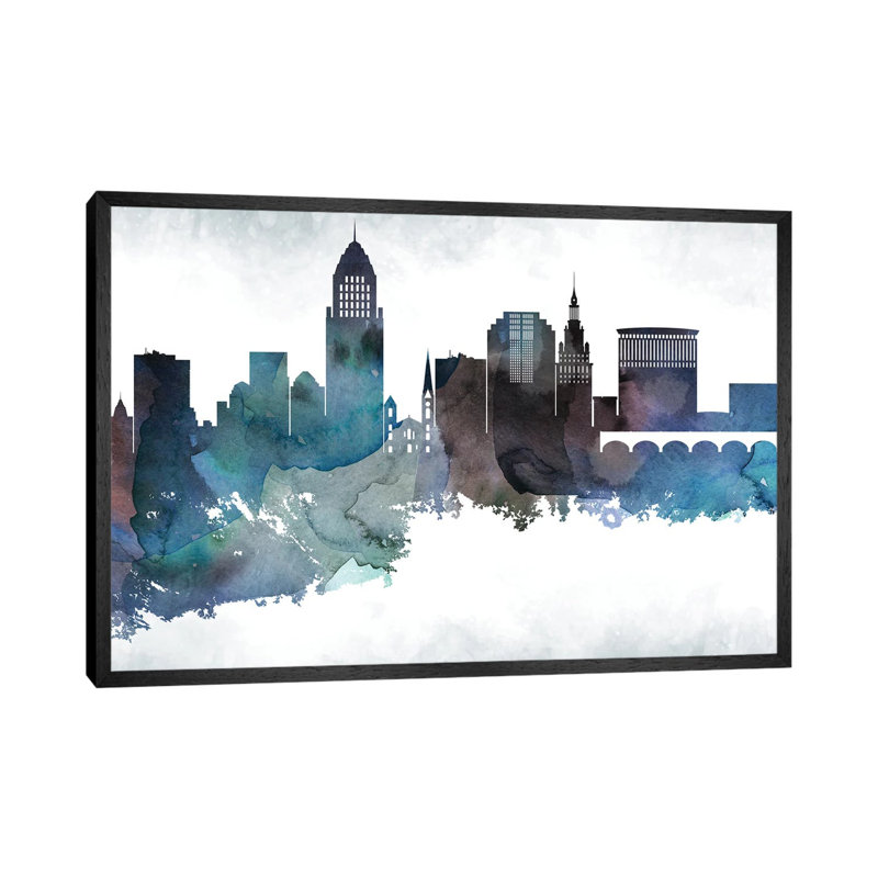 Cleveland Skyline - Print on Canvas, 66.04cm H x 101.6cm W x 3.81cm D, Black Framed