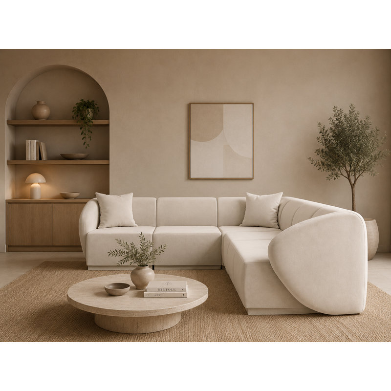6 Seater Velvet Sofa & Chaise, Beige Velvet, Right Hand Facing