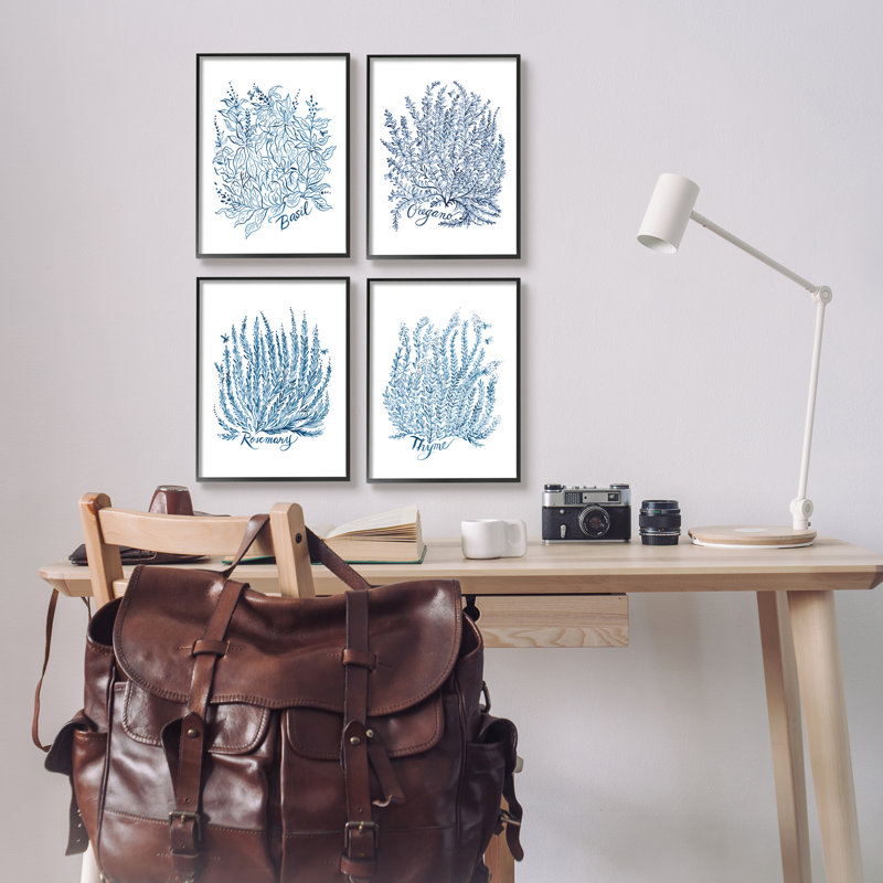 «Mixed Herbs Botanical Plants» par Laura Marr, ensemble de 4 impressions sur bois, Giclée encadrée noir minuit