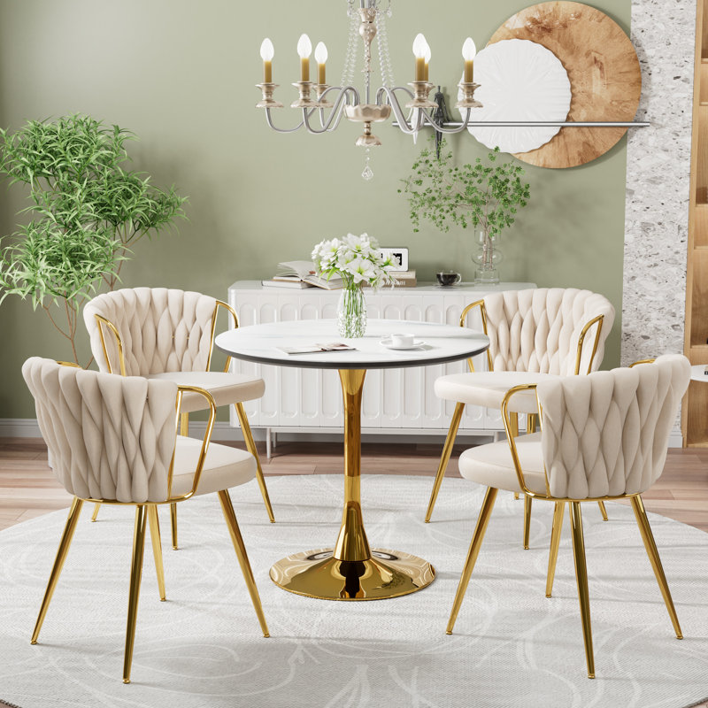 Marble Top Pedestal Dining Set, 5, Beige/Gold