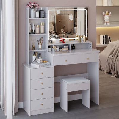 41" Large Size Left Bedside Cabinet Vanity Table+Cushioned Stool, Extra Large Touch Control Led Mirror, 3-Color Switch, Multi Layer High Capacity Storage Fashionable Dresser, Suitable For Large Space