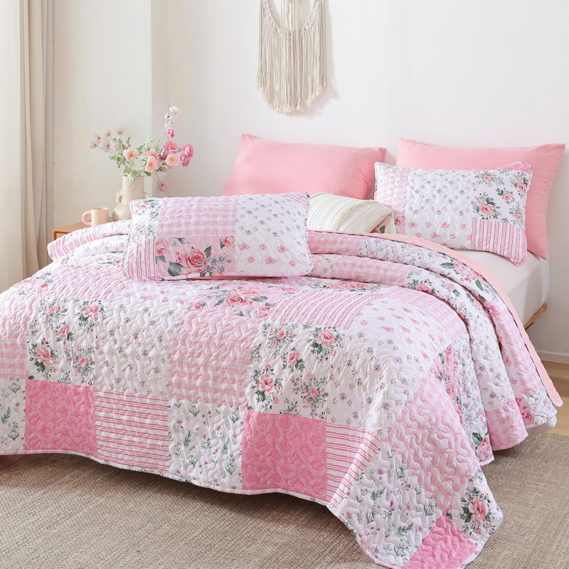 3-Pieces Floral Quilt Set, Vibrant Printed Quilt Bedding with 2 Pillowcases, Pink Patchwork/Floral