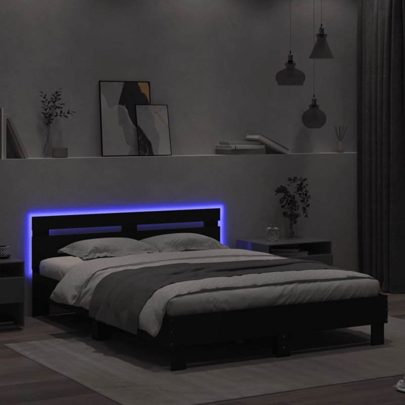 17 Stories Bed Frame With Headboard And LED Small Double, Super King ( 180 x 200 cm), Black