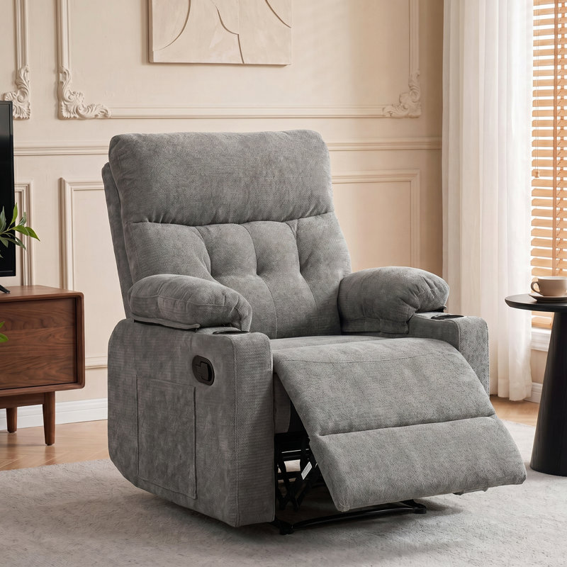 Fauteuil inclinable manuel avec porte-gobelets et poches latérales gris, Mélange de lin gris et mélange de coton