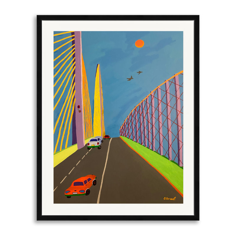 Conduite au-dessus du pont Skyway de Sue Graef - Peinture, Papier avec cadre noir, 30" H x 24" W