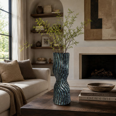 Decorative Vase, Fluted Hourglass Shape, Blue and Bronze Ceramic 16 Inch